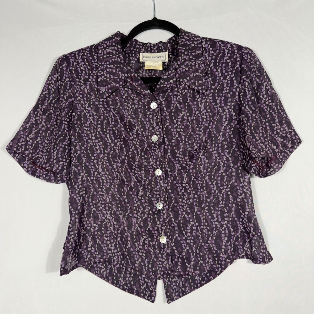 Vtg 80s 90s Purple Abstract Print Sheer Shimmer Blouse 8 Short Sleeve Ethereal
